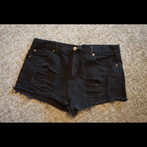 distressed black denim shorts